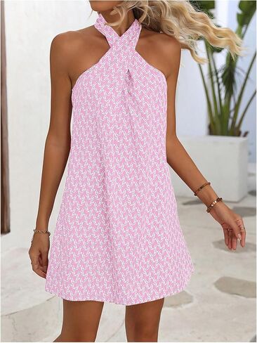 SOLY HUX Women's Floral Print Tunic Dress Criss Cross Sleeveless Halter Summer Short Dresses in Saudi Arabia