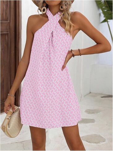 SOLY HUX Women's Floral Print Tunic Dress Criss Cross Sleeveless Halter Summer Short Dresses in Saudi Arabia