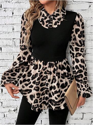 SweatyRocks Women's Leopard Print Blouses Collar Button Down Long Sleeve Shirts Tops in Saudi Arabia