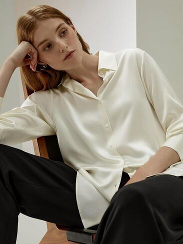 LilySilk SOS بلوزة حريرية كبيرة الحجم من الحرير الخالص قميص نسائي بأكمام طويلة وأزرار علوية حريرية للسيدات أنيقة وفاخرة للمكتب in Kuwait