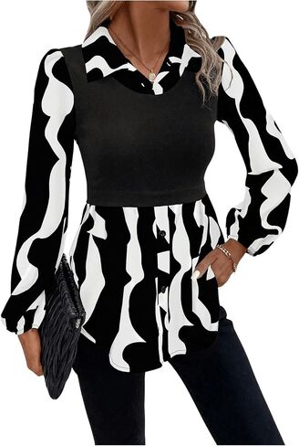 SweatyRocks Women's Leopard Print Blouses Collar Button Down Long Sleeve Shirts Tops in Saudi Arabia
