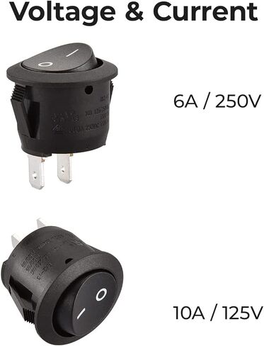 زر تشغيل/إيقاف تيار متردد SPST Rocker Switch، غطاء مقاوم للماء، لوحة مستديرة، مفاتيح طاقة للمبتدئين للسيارة RV، شاحنة، قارب، دراجة نارية بحرية، 6A/250V 10A/125V (عبوة من 6) in Kuwait