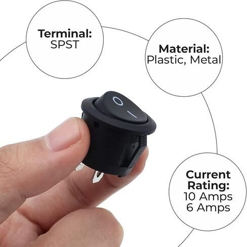 زر تشغيل/إيقاف تيار متردد SPST Rocker Switch، غطاء مقاوم للماء، لوحة مستديرة، مفاتيح طاقة للمبتدئين للسيارة RV، شاحنة، قارب، دراجة نارية بحرية، 6A/250V 10A/125V (عبوة من 6) in Kuwait