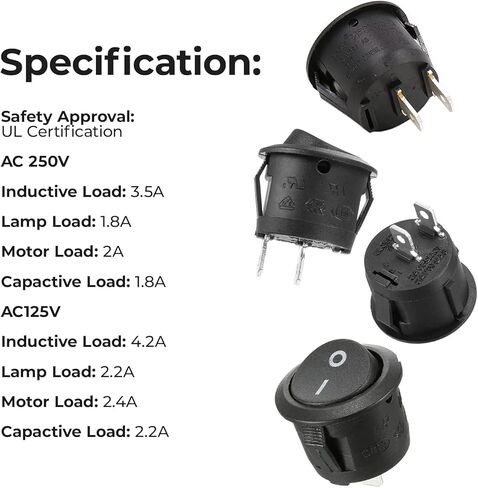 زر تشغيل/إيقاف تيار متردد SPST Rocker Switch، غطاء مقاوم للماء، لوحة مستديرة، مفاتيح طاقة للمبتدئين للسيارة RV، شاحنة، قارب، دراجة نارية بحرية، 6A/250V 10A/125V (عبوة من 6) in Kuwait