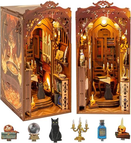مجموعة زوايا الكتب، مجموعة بيت الدمى المصغرة من TMIYO DIY للبالغين، دفاتر ألغاز خشبية ثلاثية الأبعاد ودفاتر الكتب وحامل الكتب نموذج بناء لديكور رف الكتب مع ضوء مستشعر in Kuwait