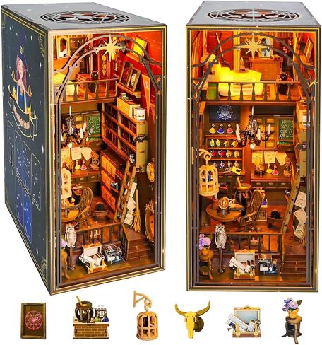 مجموعة زوايا الكتب، مجموعة بيت الدمى المصغرة من TMIYO DIY للبالغين، دفاتر ألغاز خشبية ثلاثية الأبعاد ودفاتر الكتب وحامل الكتب نموذج بناء لديكور رف الكتب مع ضوء مستشعر in Kuwait