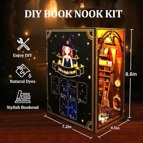 مجموعة زوايا الكتب، مجموعة بيت الدمى المصغرة من TMIYO DIY للبالغين، دفاتر ألغاز خشبية ثلاثية الأبعاد ودفاتر الكتب وحامل الكتب نموذج بناء لديكور رف الكتب مع ضوء مستشعر in Kuwait