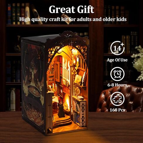 مجموعة زوايا الكتب، مجموعة بيت الدمى المصغرة من TMIYO DIY للبالغين، دفاتر ألغاز خشبية ثلاثية الأبعاد ودفاتر الكتب وحامل الكتب نموذج بناء لديكور رف الكتب مع ضوء مستشعر in Kuwait