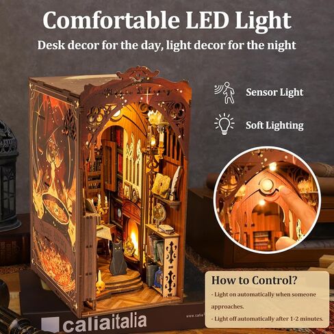 مجموعة زوايا الكتب، مجموعة بيت الدمى المصغرة من TMIYO DIY للبالغين، دفاتر ألغاز خشبية ثلاثية الأبعاد ودفاتر الكتب وحامل الكتب نموذج بناء لديكور رف الكتب مع ضوء مستشعر in Kuwait