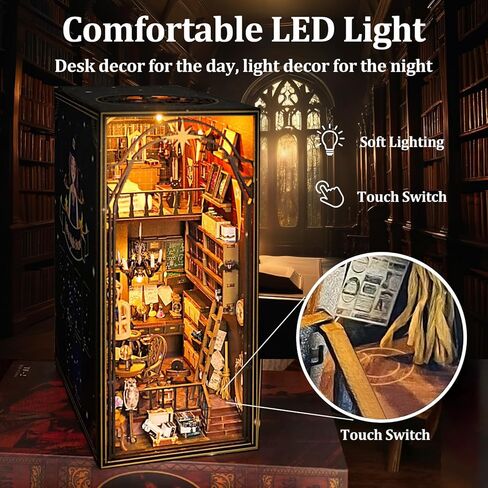 مجموعة زوايا الكتب، مجموعة بيت الدمى المصغرة من TMIYO DIY للبالغين، دفاتر ألغاز خشبية ثلاثية الأبعاد ودفاتر الكتب وحامل الكتب نموذج بناء لديكور رف الكتب مع ضوء مستشعر in Kuwait