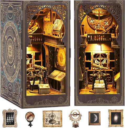 مجموعة زوايا الكتب، مجموعة بيت الدمى المصغرة من TMIYO DIY للبالغين، دفاتر ألغاز خشبية ثلاثية الأبعاد ودفاتر الكتب وحامل الكتب نموذج بناء لديكور رف الكتب مع ضوء مستشعر in Kuwait