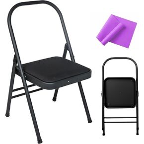 INNOLIFE Yoga Auxiliary Chair Foldable Backless Yoga Chair with Purple Yoga Resistance Band for Abs & Core, Flexibility and Strength Training and Back Pain Relieving