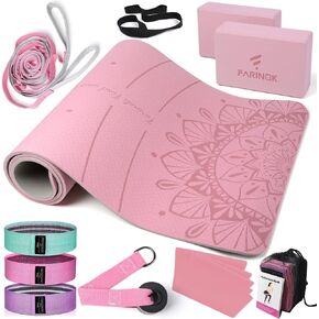 1/3 Yoga Mat Thick, Yoga Set for Beginners Include High Density Yoga Mat with Multi-loops Yoga Strap, Yoga Blocks, Booty Resistance Band Set, Door Anchor, Carring Bag & Strap