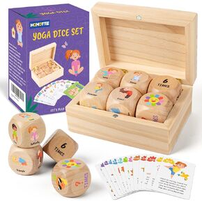 Wooden Yoga Dice Set for Kids, Fun Workout Game with 6 Exercise Dice, 12 Yoga Cards & Gift Box, Mindfulness Yoga Gifts for Girls & Beginners