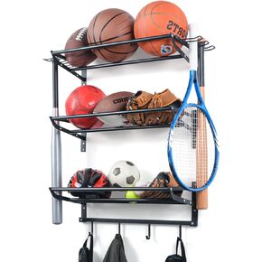 XCSOURCE Garage Sports Equipment Storage Rack with 3 Separate Shelf, Ball Rack, Sport Equipment Organizer with 4 Hooks for Badminton Racket, Basketball Rack for Basketball Football Rugby
