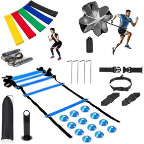 Agility Ladder Training Set for Football Footwork, Speed Training, Resistance Parachute for Stamina, Strength Exercise, 12 Disc Cones, 4 Steel Stakes, 5Pcs Resistance Bands, 1 Skipping Rope. (Blue)