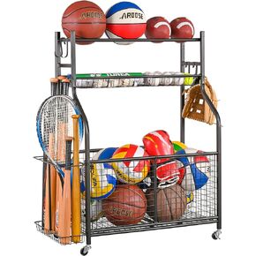 Mythinglogic Sports Equipment Garage Organizer,Garage Ball Storage for Sports Gear and Toys, Rolling Ball Cart with Wheels for Indoor/Outdoor Use