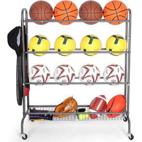 Basketball Rack, Rolling Basketball Shooting Training Stand,Sports Equipment Storage with Wheels, Four-Layer Organizer Holder with Two Basket for Basketballs Footballs Volleyball
