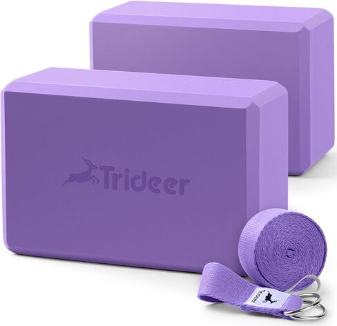 Trideer Yoga Blocks 2 Pack with Strap, Non-Slip EVA Foam & 8 ftStretching Strap, High Density Yoga Blocks and Strap Set for Pilates, General Fitness Stretching, Toning Workouts and Meditation in Saudi Arabia