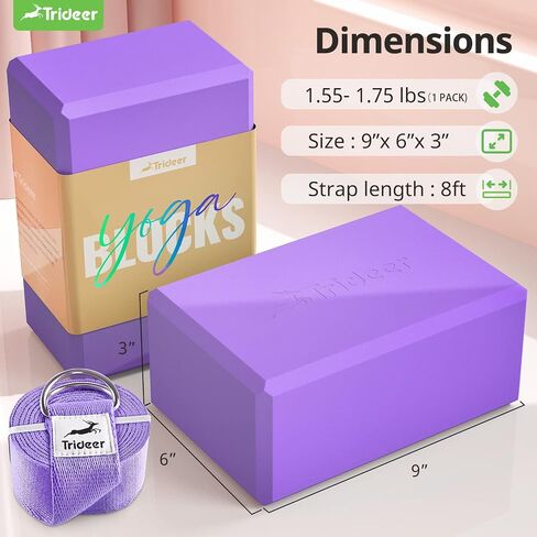 Trideer Yoga Blocks 2 Pack with Strap, Non-Slip EVA Foam & 8 ftStretching Strap, High Density Yoga Blocks and Strap Set for Pilates, General Fitness Stretching, Toning Workouts and Meditation in Saudi Arabia