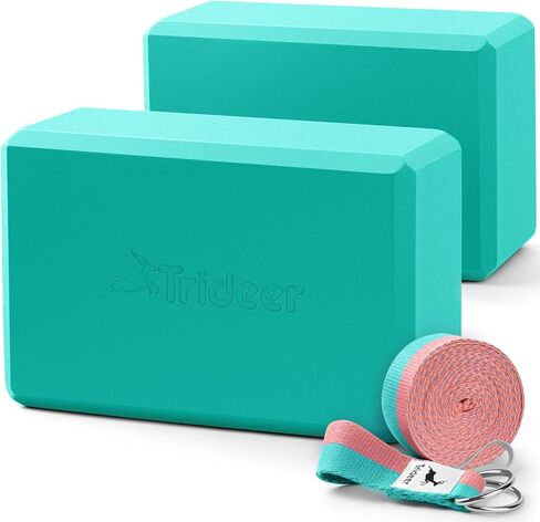Trideer Yoga Blocks 2 Pack with Strap, Non-Slip EVA Foam & 8 ftStretching Strap, High Density Yoga Blocks and Strap Set for Pilates, General Fitness Stretching, Toning Workouts and Meditation in Kuwait