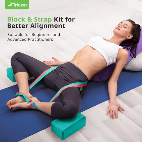 Trideer Yoga Blocks 2 Pack with Strap, Non-Slip EVA Foam & 8 ftStretching Strap, High Density Yoga Blocks and Strap Set for Pilates, General Fitness Stretching, Toning Workouts and Meditation in Kuwait