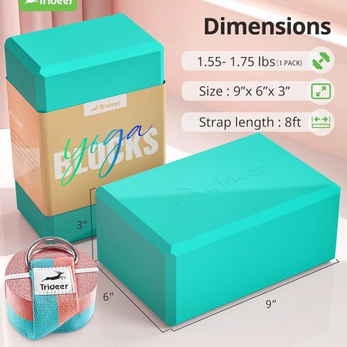 Trideer Yoga Blocks 2 Pack with Strap, Non-Slip EVA Foam & 8 ftStretching Strap, High Density Yoga Blocks and Strap Set for Pilates, General Fitness Stretching, Toning Workouts and Meditation in Kuwait