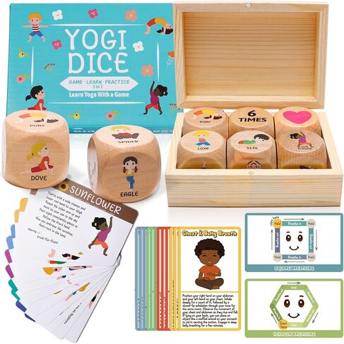 Garybank Kids Yoga Wooden Dice with Yoga Cards, Fun Exercise Dice for Kids Workout Equipment, Workout Dice Game for Kids Solo or Group, 12 Yoga Cards for Kids with Wooden Gift Boxes, Yoga for Kids in Kuwait