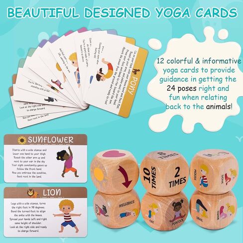 Garybank Kids Yoga Wooden Dice with Yoga Cards, Fun Exercise Dice for Kids Workout Equipment, Workout Dice Game for Kids Solo or Group, 12 Yoga Cards for Kids with Wooden Gift Boxes, Yoga for Kids in Kuwait