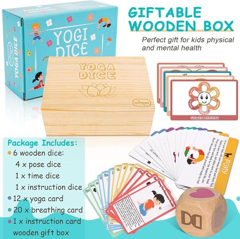 Garybank Kids Yoga Wooden Dice with Yoga Cards, Fun Exercise Dice for Kids Workout Equipment, Workout Dice Game for Kids Solo or Group, 12 Yoga Cards for Kids with Wooden Gift Boxes, Yoga for Kids in Kuwait