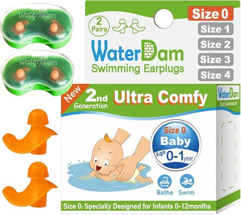 WaterDam Swimming Ear Plugs Great Waterproof Ultra Comfy Earplugs Prevent Swimmer's Ear (Size 0: Baby 0-1 Year (Orange)) in Kuwait