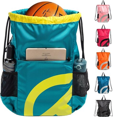 Drawstring Backpack for Men Women 15L Sport Gym Sackpack with Reflective Logo 2 Zipper Pockets 2 Water Bottle Mesh Pockets Waterproof Beach Cinch Backpack for Swim Workout Gear(RoseRed) in Saudi Arabia