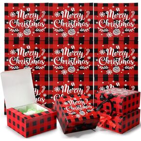 Eersida 24 Christmas Gift Boxes with Lids 8 * 8 * 4 Inch Red and Black Plaid Christmas Cookie Box with Ribbon Holiday Gift Boxes with Bow Gift Wrap Box for Christmas Party Favor Present Donut Snacks