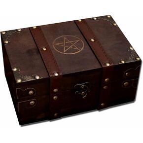 8.3" Wood and Leather Chest Box with Velvet Lining, Pentacle Wooden Box with Pentagram Engraved, Pentacle Wiccan Supplies and Tools Storage Chest