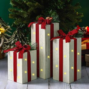 Barydat 3 Pcs Christmas Lighted Gift Boxes Decoration Christmas Table Centerpiece Christmas Rustic Wooden Gift Boxes Xmas Table Decoration with Plaid Bow Tie for Holiday Xmas Party Decor