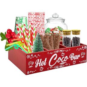 Christmas Hot Cocoa Bar Wood Coffee Station Organizer Countertop with 4 Compartment Decorative Christmas Cocoa Wood Storage Bin Vintage Open Holder Box for Home Kitchen Holiday Decor