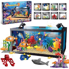 8 in 1 Fish Tank Building Sets, Marine Aquarium Building Block with LED Light Party Favors 9 Model Toy Including Shark Octopus Crab, Christmas Birthday Gifts for Boys Girls Kids Ages 6 8 10 12+
