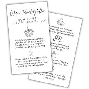 Wax Firelighter Care Guide Instruction Card | 50pk 2x3.5" Soy Beeswax Pack Fire Pit Fragrant Cupcake Tins Containers Fir Spruce Crafters DIY Client Business Cards