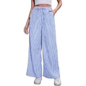 Women's Striped Wide Leg Pants with Pockets High Waist Drawstring Loose Trousers Palazzo Pants