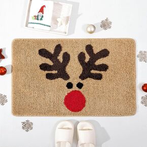 TRUEDAYS Bathroom Rugs Brown Christmas Rug with Reindeer Cute Bath Mat Xmas Elk Washable Kitchen Rugs for Living Room and Bedroom Non Slip