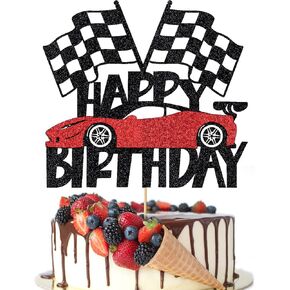 Happy Birthday Cake Topper，Race Car Cake Topper, Birthday Sign Transportation Theme Party cake Decorations,Racing Car Checkered Flag Themed Kids Boy Girl Birthday Party Decoration supplies