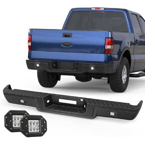 Chrome Rear Step Bumper Assembly Compatible for 2009-2014 Ford F-150 Pickup with LED Square Light Steel Complete Back Bumpers -WITH Parking Sensor Holes