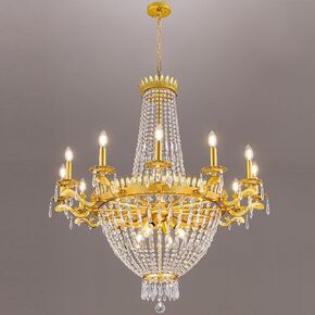 Wellmet 12 Lights Gold French Empire Crystal Chandelier, Modern Farmhouse Luxury Pendant Lighting Fixture for Living Room, Dining Room, Kitchen Island, Hallway, Foyer, Entryway, Lobby, 37"Dia x 87"H