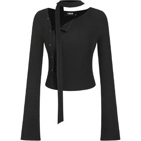 CIDER Asymmetrical Neck Solid Button Long Sleeve Top with Scarf