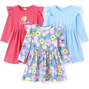 PATPAT Toddler Girl Long-Sleeve Dress Girl Fall Dress 3 Pack Blue&Floral&Brick-red 18-24 Months