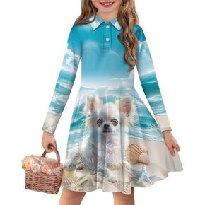 Dress for Girls 3-14T Turn Over Collar Casual Vacation Long Dressese Sundress Beach Flowy Dress Party Uniform