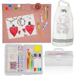 Playful Palette Silicone Painting Craft Mat Art Accessories, Brushes, Watercolor Paints, Paper, Markers, Colorable Apron, and Carrying Case Creative Projects, Arts and Crafts, DIY Activity Army Green