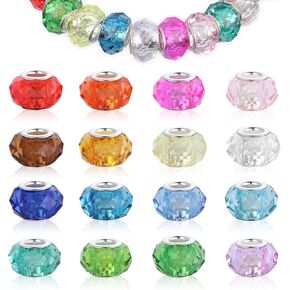 100Pcs Large Hole Glass Beads, Mix Color Murano Glass Beads Silver Brass Core European Charm Assorted Faceted Rhinestone Craft Beads for DIY Bracelet Necklace Jewelry Making