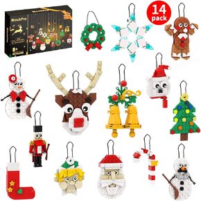BlockPro Christmas Ornaments Building Sets 14-in-1, Christmas Tree, Bells, Wreath, Stocking, Snowman, Santa, Candy Cane, Reindeer, Nutcracker, Gingerbread, Snowflake, Ideal Xmas Gifts for Kids