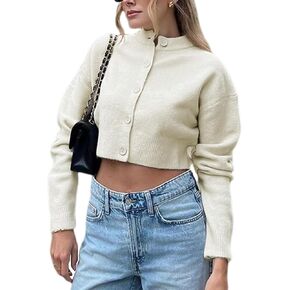 Wyeysyt Womens Knitted Crop Cardigan Button Down Long Sleeve Sweater Top Open Front Cropped Knit Tops